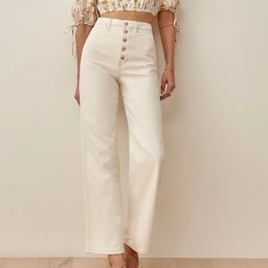 Reformation Lexi Contrast Stitch High Rise Wide Leg Jeans in Ivory